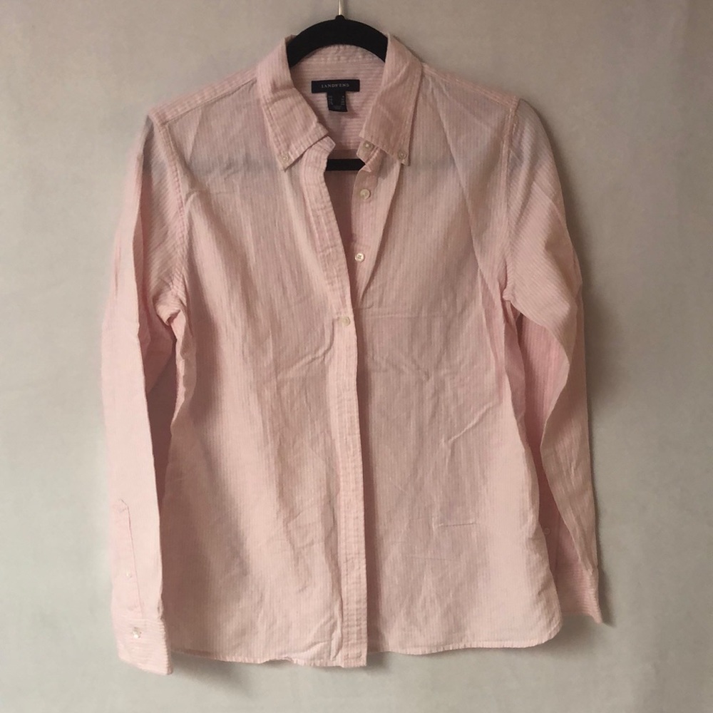 Lands End pink and white stripe button down